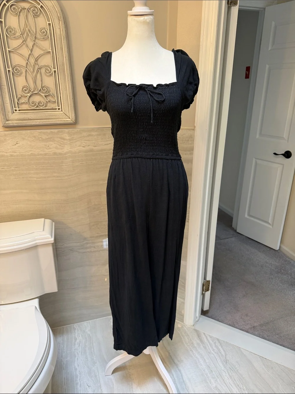 Abercrombie & Fitch Black Smocked Bodice Jumpsuit with Puff Sleeves